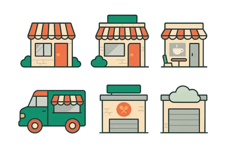 Icons of various food business types: restaurant, café, food truck, dark kitchen, and cloud kitchen