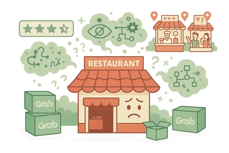 Sad restaurant surrounded by confusing icons and Grab delivery boxes – representing common struggles on delivery apps