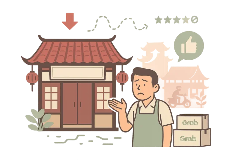 Sad restaurant owner with closed shop, low ratings, and Grab delivery boxes – symbolizing poor performance on delivery platforms