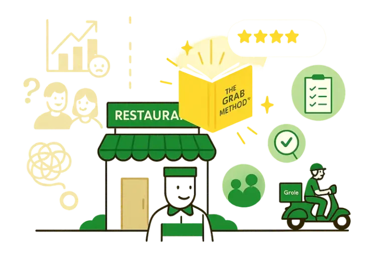 Illustration of restaurant with The Grab Method book shining above, surrounded by positive icons and delivery driver