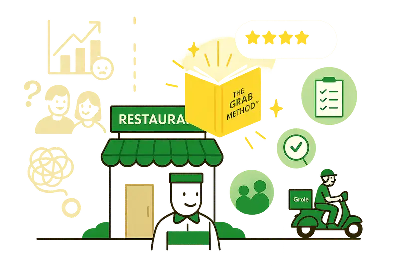 Illustration of restaurant with The Grab Method book shining above, surrounded by positive icons and delivery driver