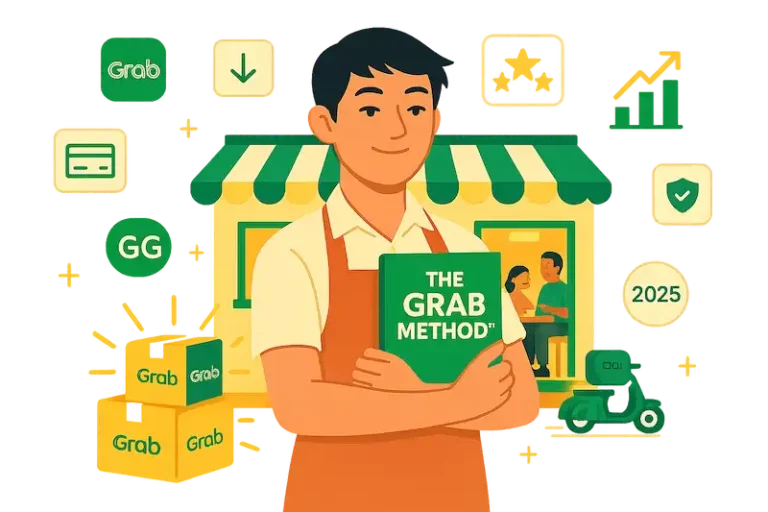Illustration of restaurant owner holding The Grab Method book, with delivery icons and growth symbols around