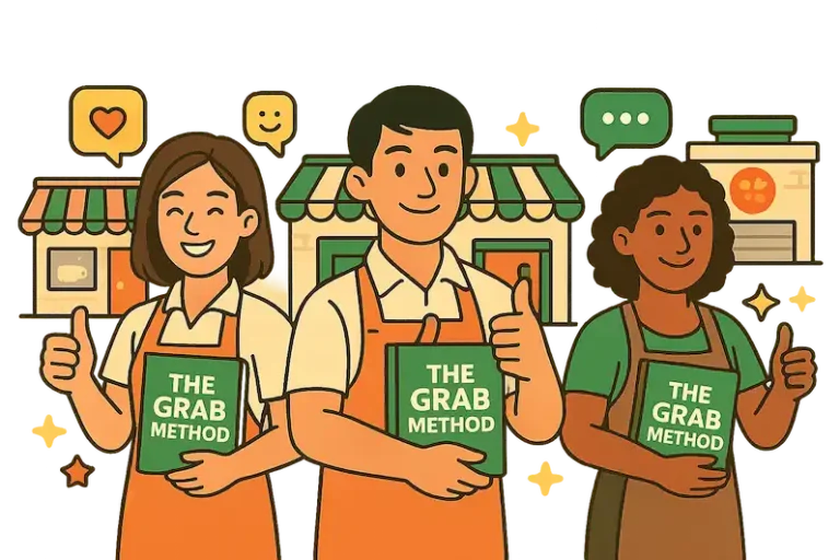 Three restaurant owners smiling and holding The Grab Method guide in front of their shops, symbolizing customer satisfaction
