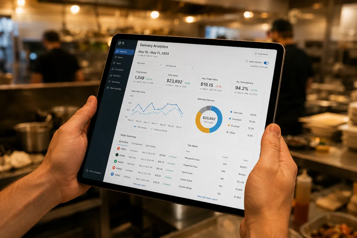 A restaurant owner reviewing delivery app orders on a tablet
